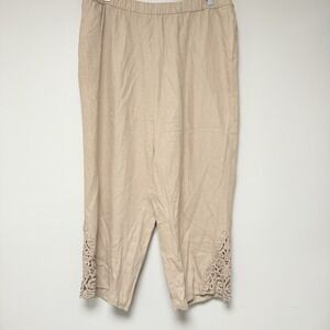 Susan Graver Pure Linen Blend Cropped Pants‎ Beige Lace Trim Elastic Waist 2XL